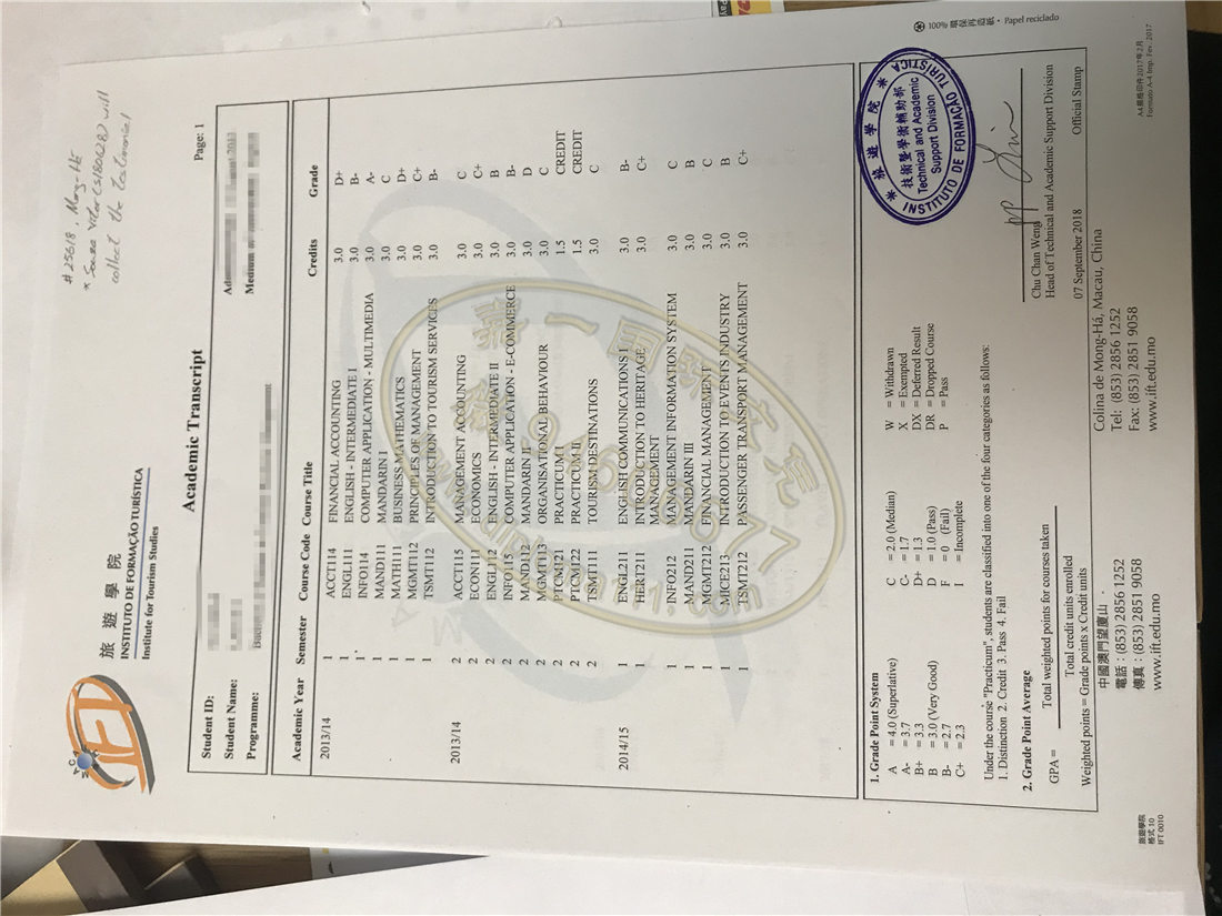 澳门旅游学院成绩单样本,复刻澳门旅游学院文凭证书