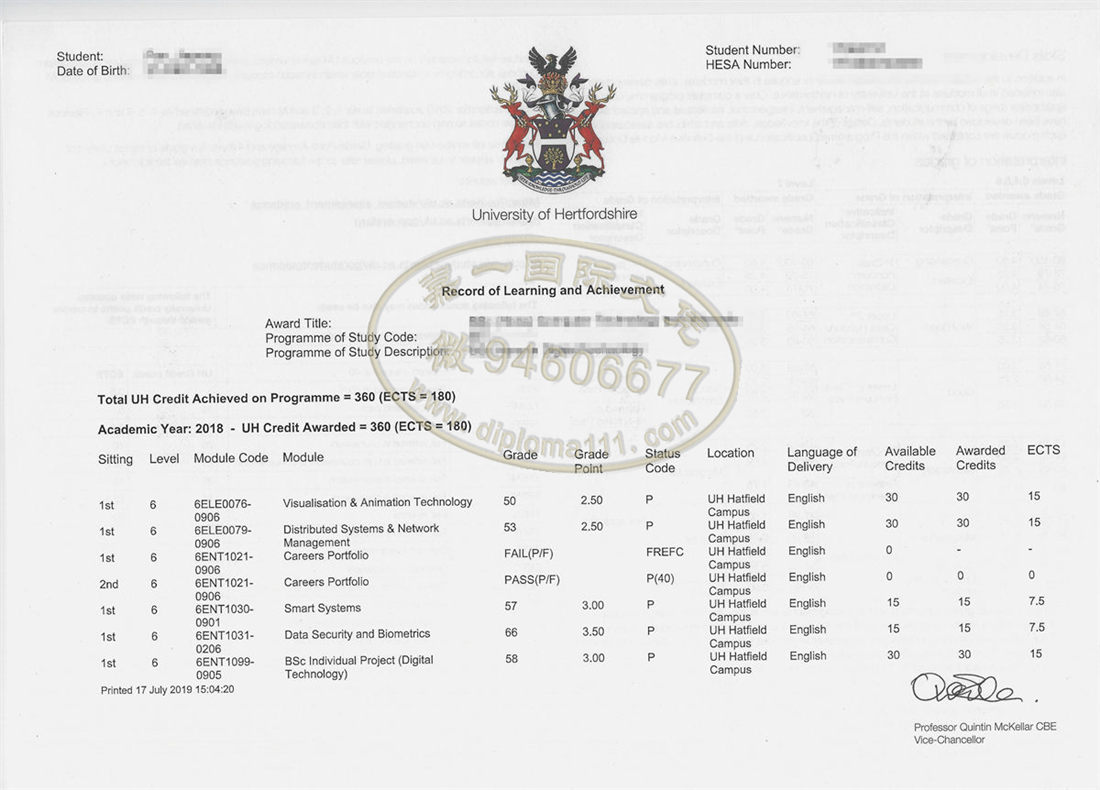 排版赫特福德大学成绩单GPA，丢失补英国Hertfordshire文凭证书/