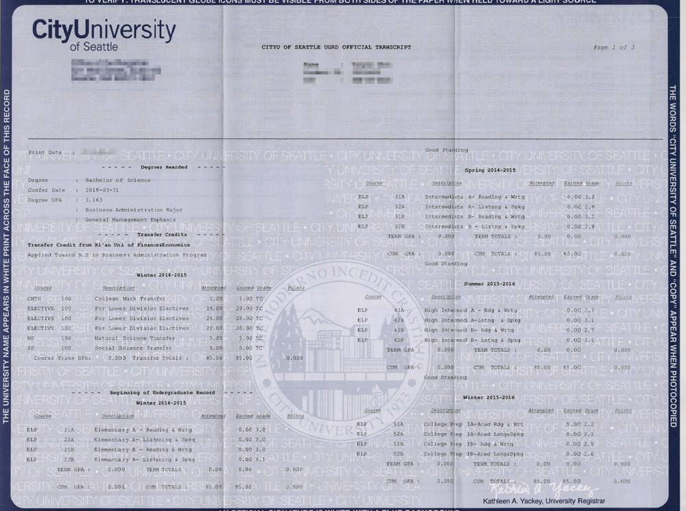 西雅图城市大学成绩单扫描图,CityU Seattle文凭质量杠杆的